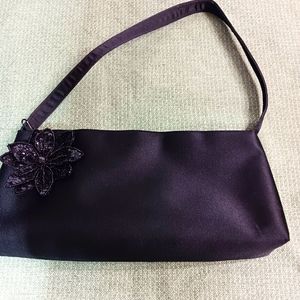 Vintage Satin Evening bag Black with Beaded Flower Zipper Closure open pocket